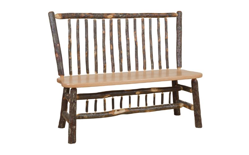 Deacon side bench with a stick back, stick decorative accents, and a real wood base