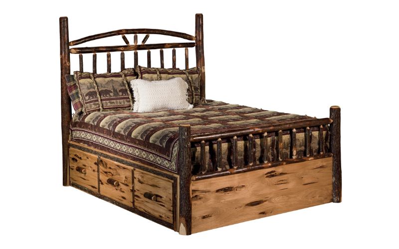 Hickory Collection Storage Bed with 3 drawers and bear pattern bedding
