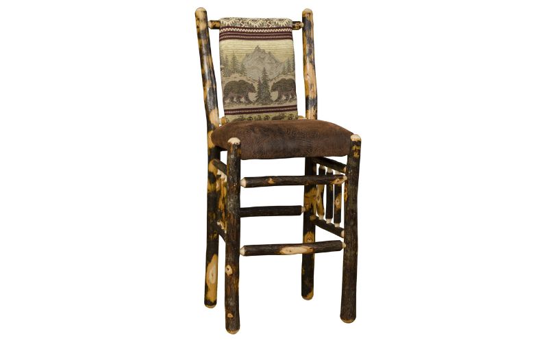 Straight back barstool with a bear patterned back cushion and a brown leather seat cushion
