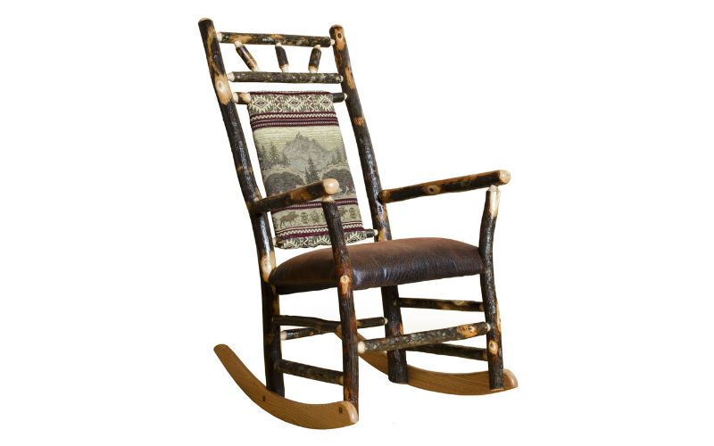 Hickory Collection Straight Back Rocker with a brown padded seat and bear pattern padded back