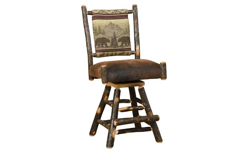 Straight back swivel barstool with a bear patterned back cushion and a brown leather seat cushion