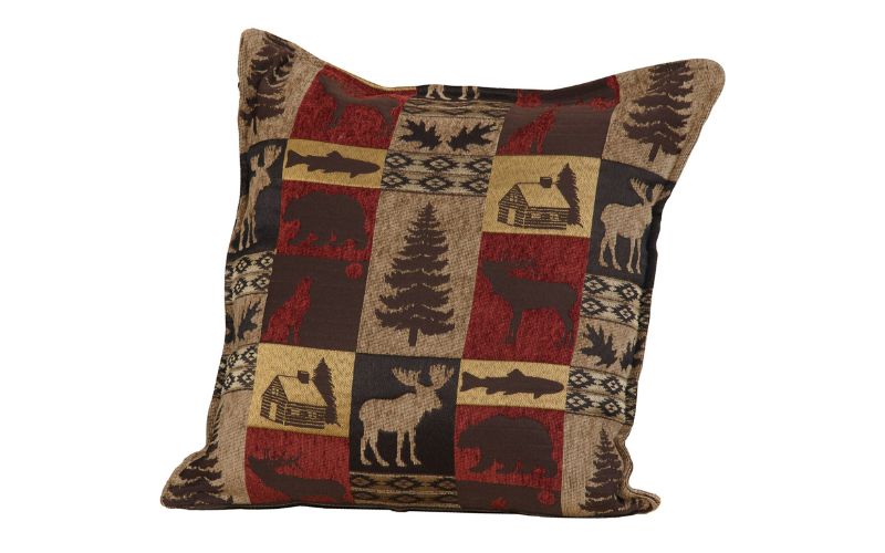 Red, yellow, and brown throw pillow with a pattern of moose, cabins, fish, bears, trees, wolves, and leaves