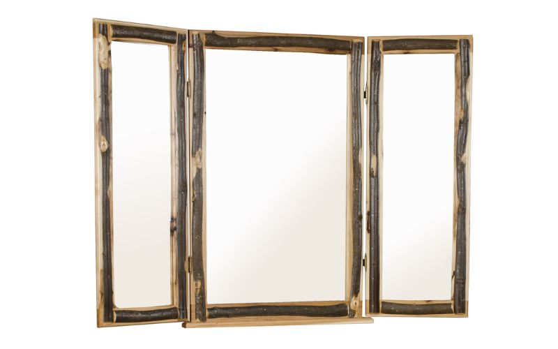 Hickory Collection Tri-View Mirror framed with wood sticks