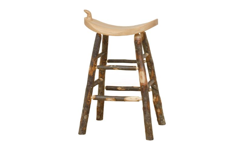 Western-style Saddle Stool with a light-colored wood seat and branch base