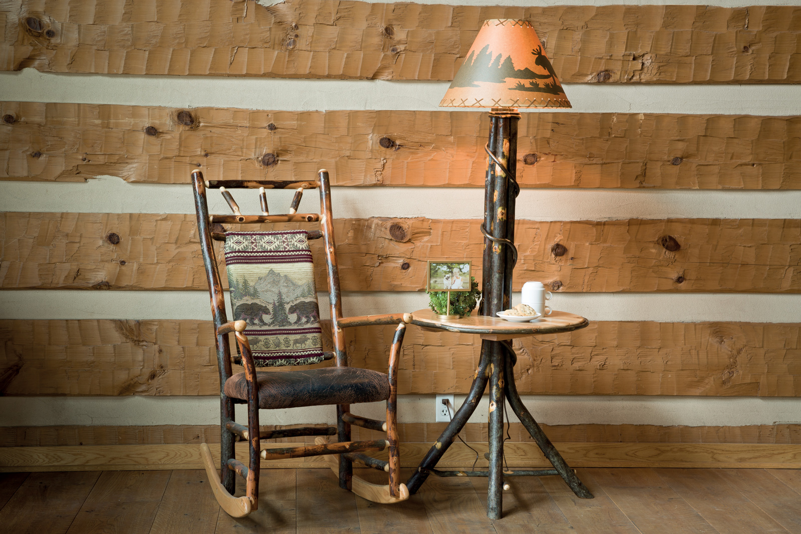 Hickory Collection Living Room Set with a rocking chair and an end table lamp