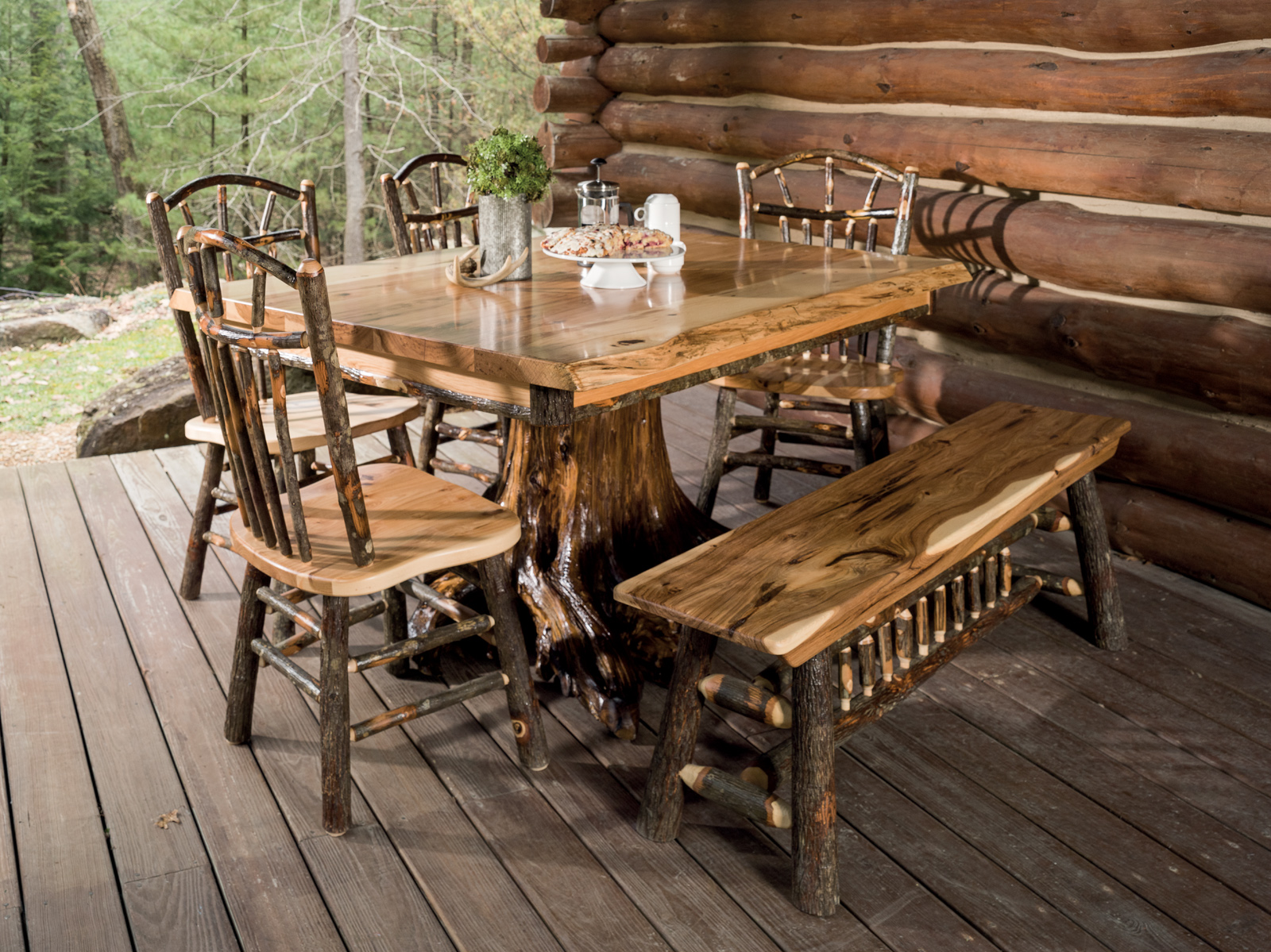 Hickory Collection Stump Table Set with a square stump table, side chairs, and a bench