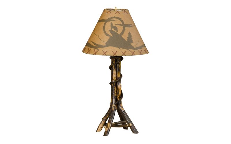 Hickory Collection Table Lamp with Split Twig Legs and a brown wolf pattern lampshade