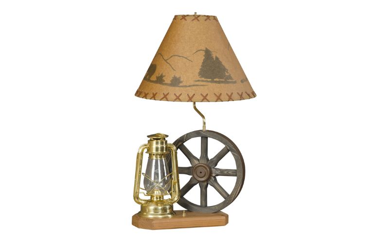 Hickory Collection table Lamp with a wagon wheel and lantern base
