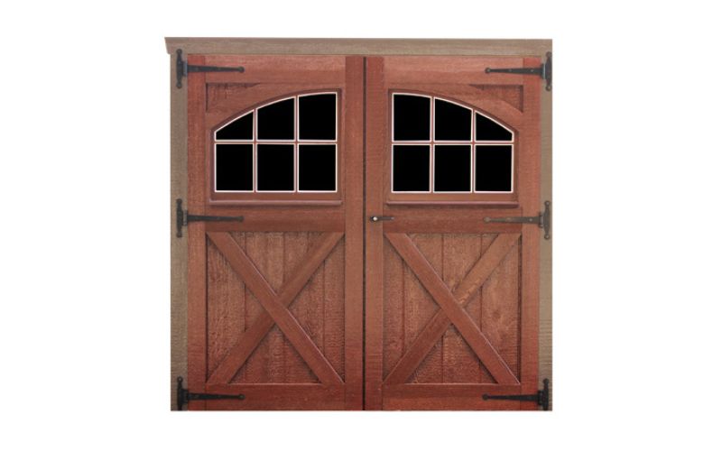 Carriage house wood double door in a natural brown stain with arched windows and black hinges