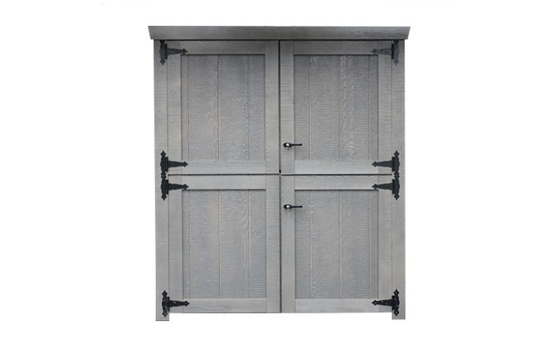 Wood double door painted gray with Dutch Doors and black hinges