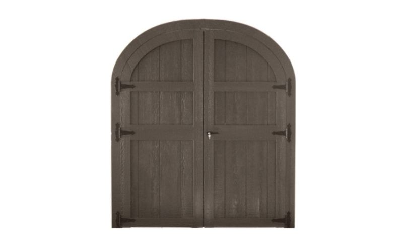 Rounded wood double door in brown with black hinges
