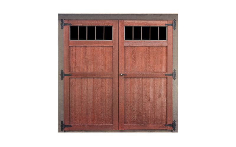 Wood double door in a brown stain with transom windows and black hinges