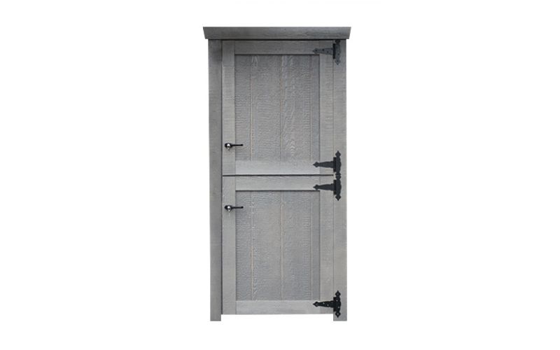 Wood single door in gray with Dutch doors and black hinges