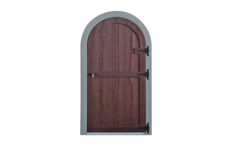 Rounded wood single door in brown with black hinges