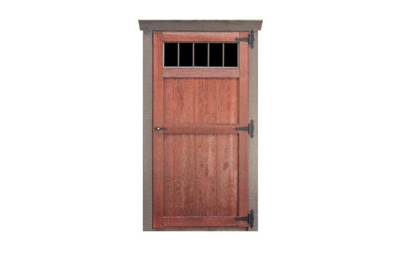 Wood single door in brown with transom windows and black hinges
