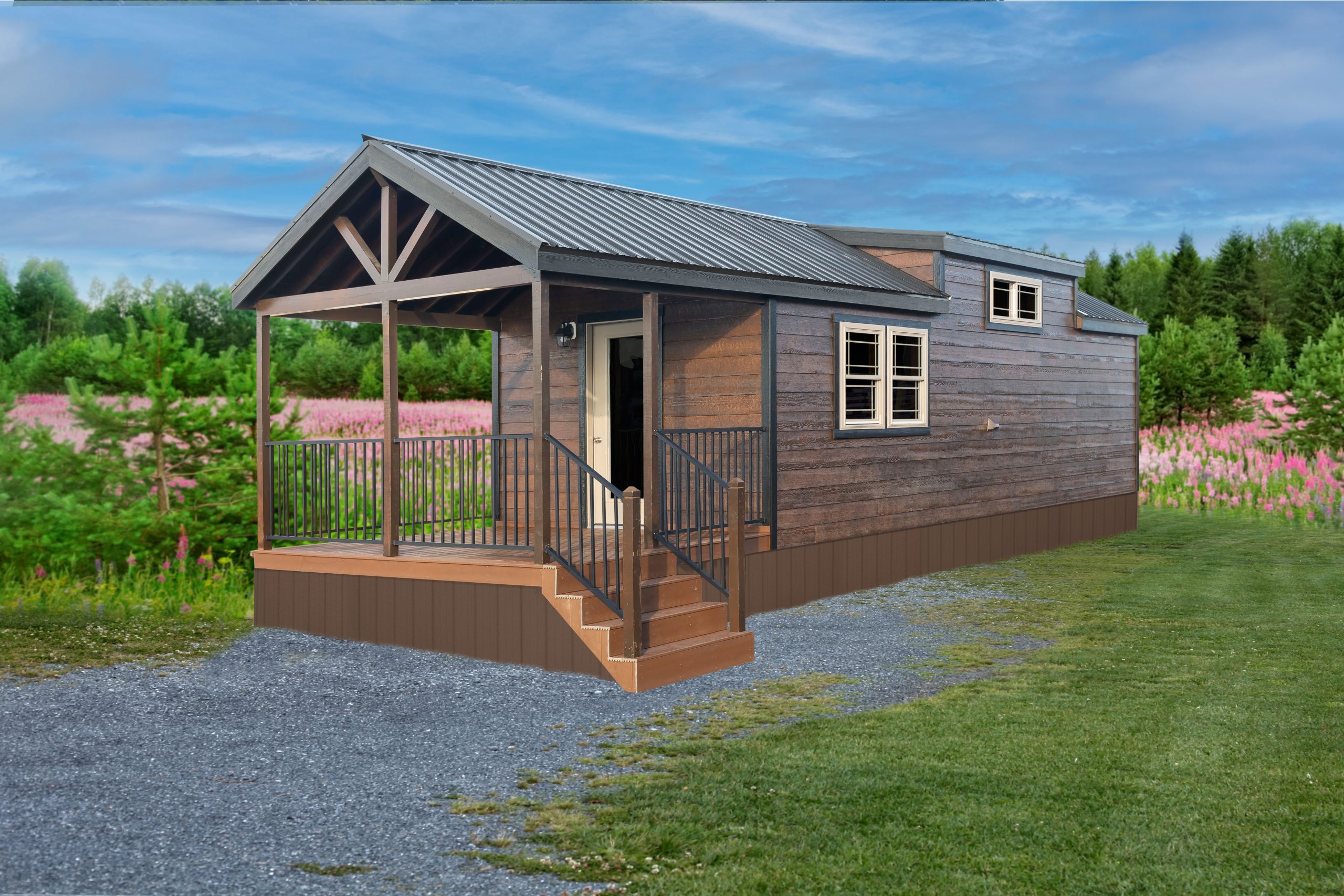 Rendering of an Appalachian Park Model with dark stained wood siding, black trim, a metal roof, and a fenced-in front porch with brown flooring and steps.