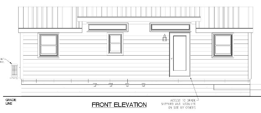 Front elevation drawing of a Cape May Park Model with a single entry side door and 5 windows.