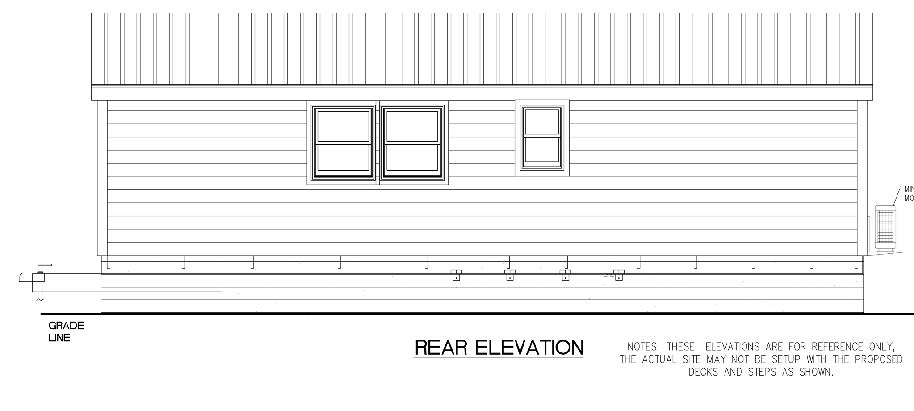 Rear elevation drawing of a Cape May Park Model with 3 windows.