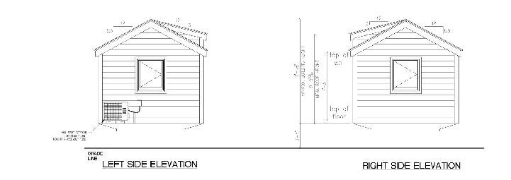 Left and right side elevation drawings of a Cape May Park Model with a window on each side.