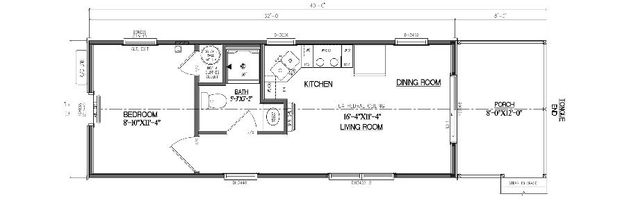 Floorplan of a Lake Port Park Model with a porch, 1 bedroom, a bathroom, a kitchen, and a living room.