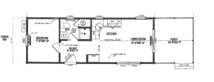 Floorplan of a Pine Cone Park Model with a front porch, 1 bedroom, a bathroom, a kitchen, and a living room.