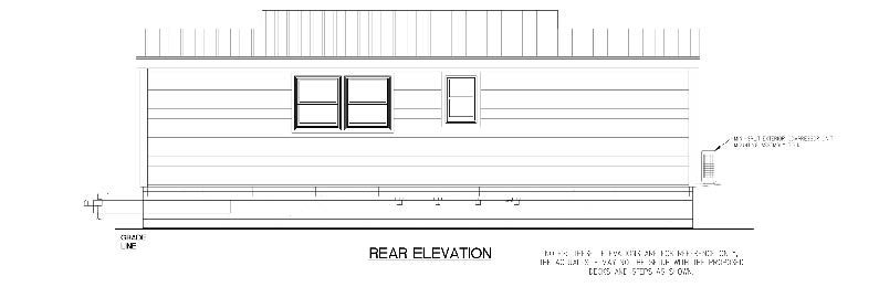 Rear elevation drawing of a Riverview Park Model with a set of double windows and a single window.