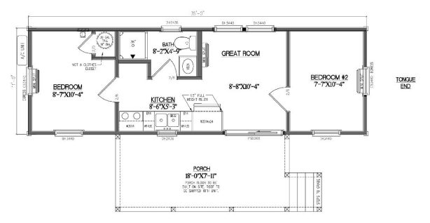 Floorplan of a Riverview Park Model with a large porch, 2 bedrooms, a kitchen, a bathroom, and a great room.