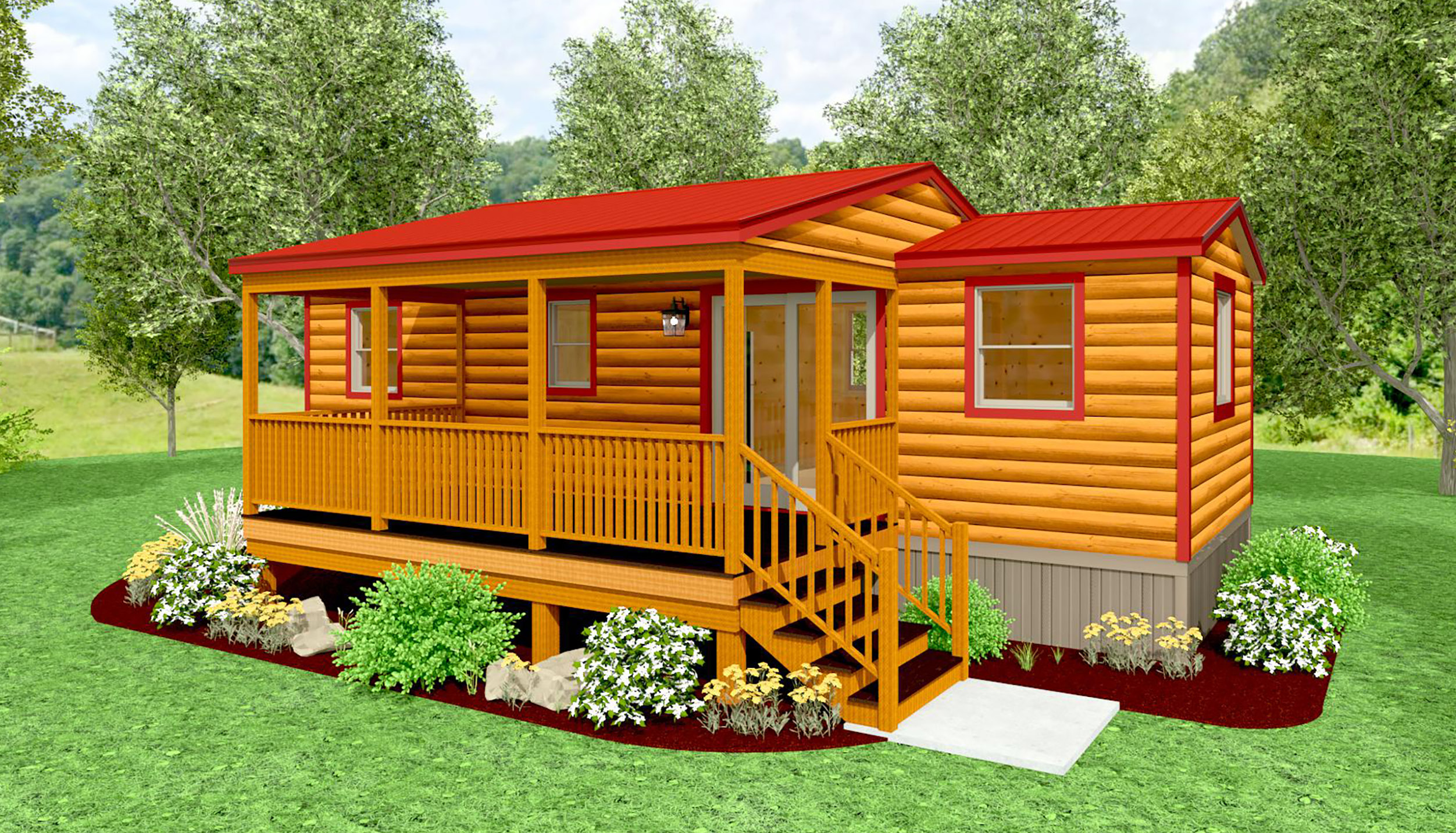 Rendering of a Riverview Park Model with log siding, a fenced-in side porch, red trim, white windows, and red metal roofing.