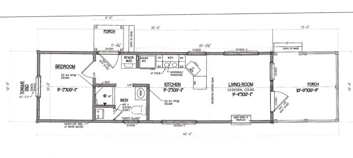 Floorplan for a Santa Rose Park Model with a front porch, living room, kitchen, bathroom, a side porch, and a bedroom.