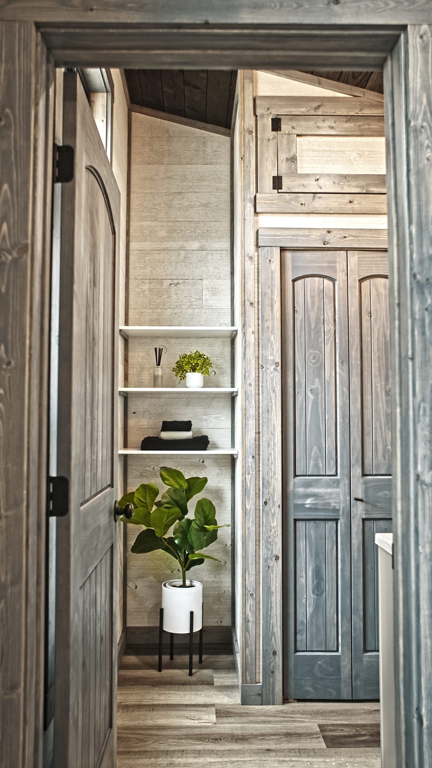 An open door leading into a bathroom in a Meadowlark Park Model with white open shelving, a plant, and a gray wood bathroom closet.