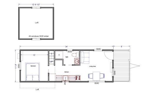 Floorplan of an 1889 Park Model with a loft, bedroom, kitchen, bathroom, living room, and front porch.