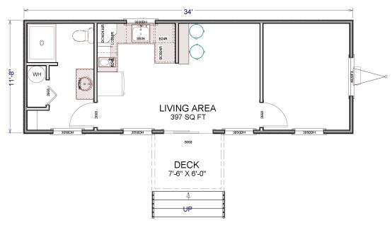 Floorplan of a Meadowlark Park Model with a deck, 1 bedroom, a bathroom, and a combined kitchen and living area.