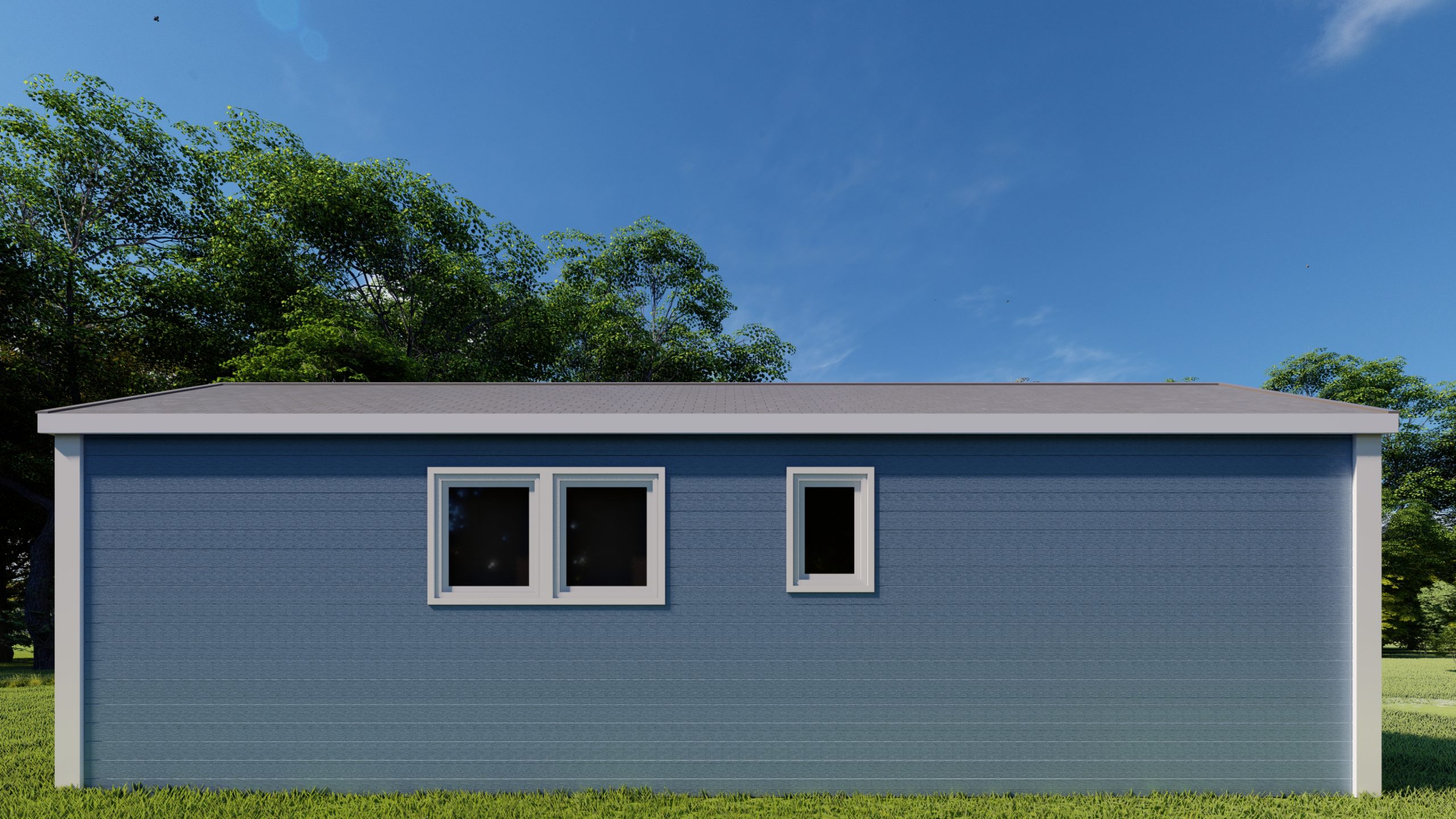 Back view rendering of a Cape May Park Model with blue siding, white trim, a gray roof, and 3 windows.