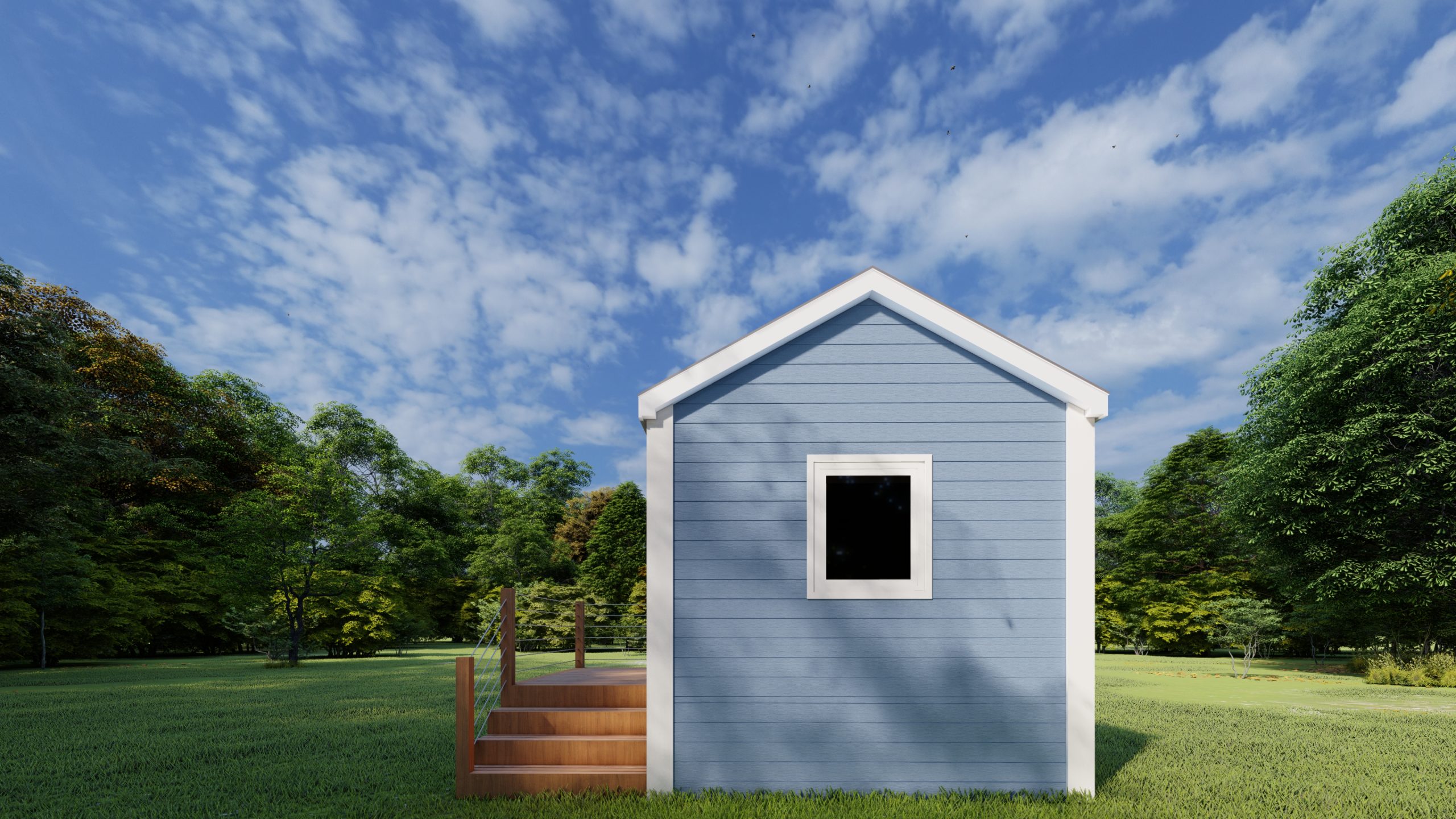 Right side view rendering of a Cape May Park Model with blue siding, white trim, a window, and brown steps leading to a front porch.