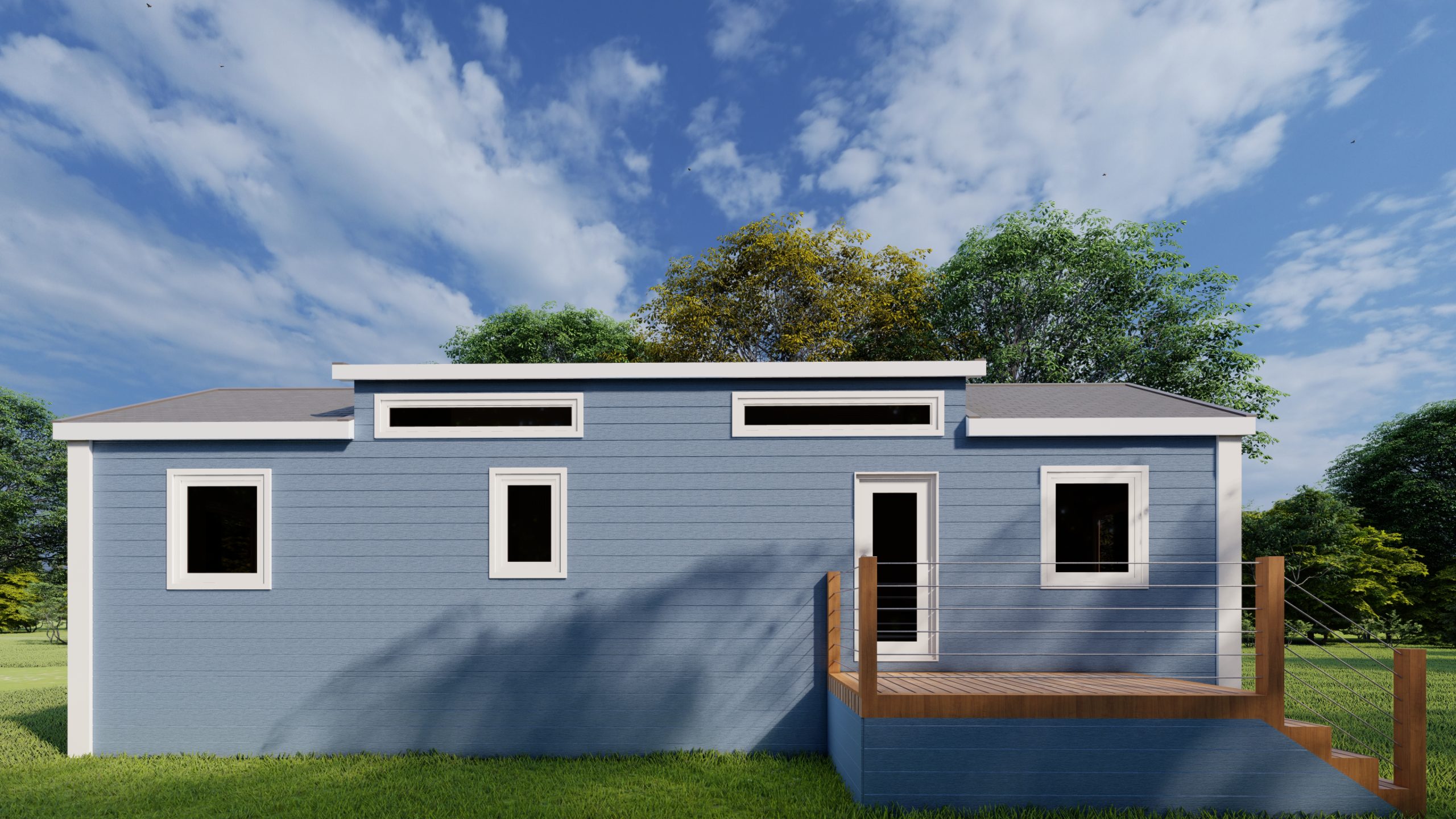 Front view rendering of a Cape May Park Model with blue siding, white trim, a glass front door, 3 square windows, 2 transom windows, and a brown wood front porch with matching steps.