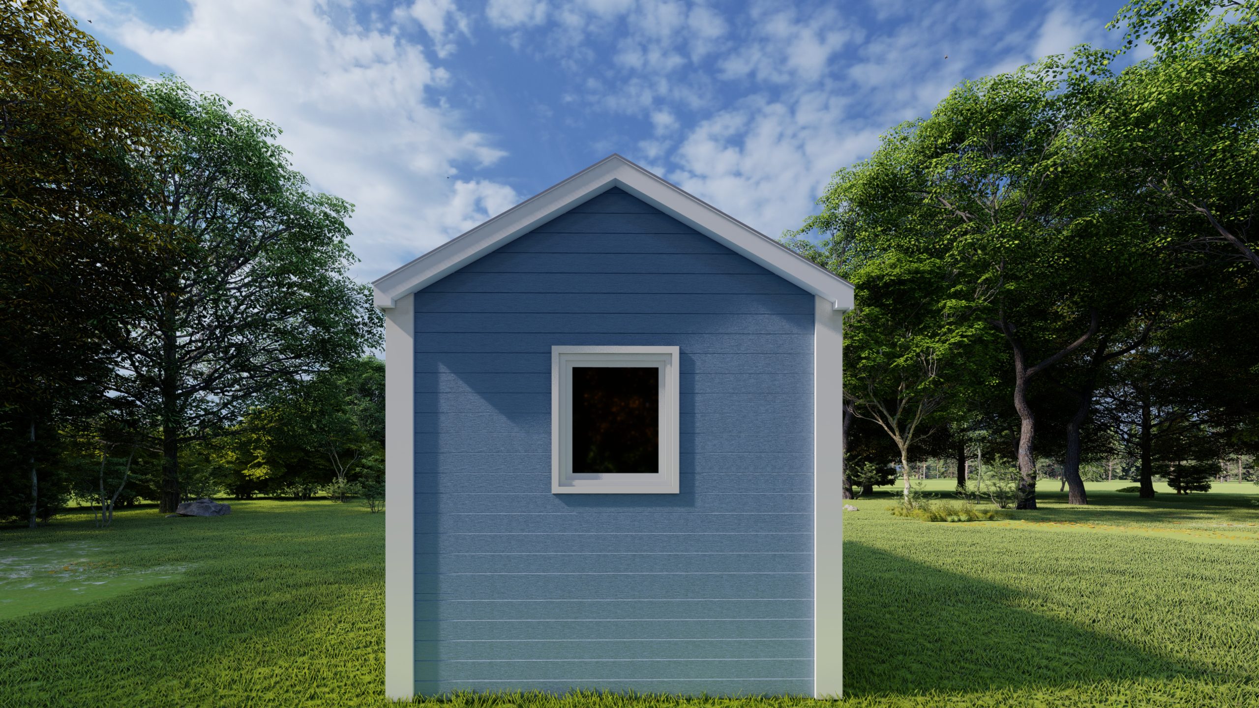 Left side view rendering of a Cape May Park Model with blue siding, white trim, and a window.