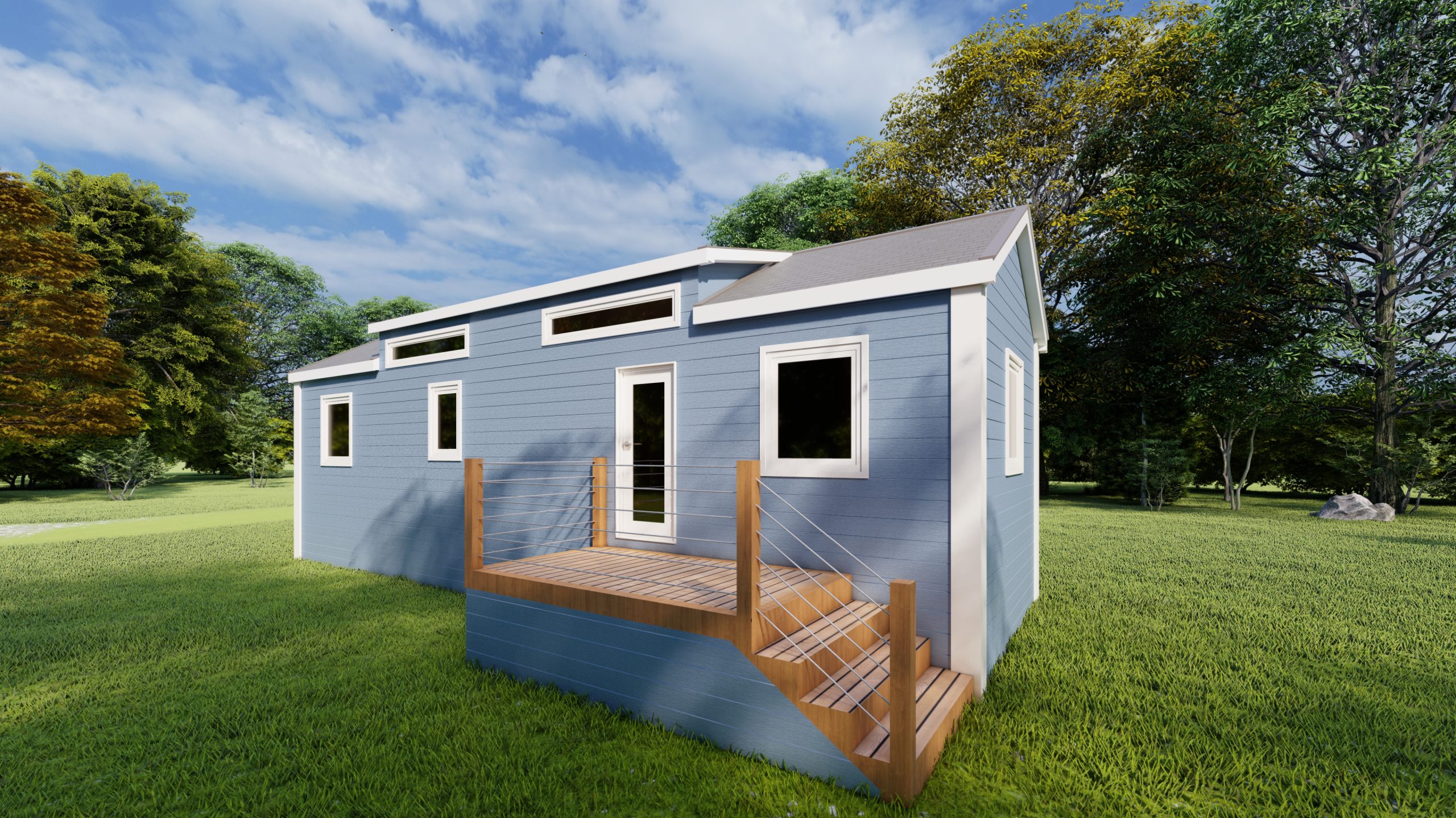 Front view rendering of a Cape May Park Model with blue siding, white trim, a glass front door, 3 square windows, 2 transom windows, and a brown wood front porch with matching steps.