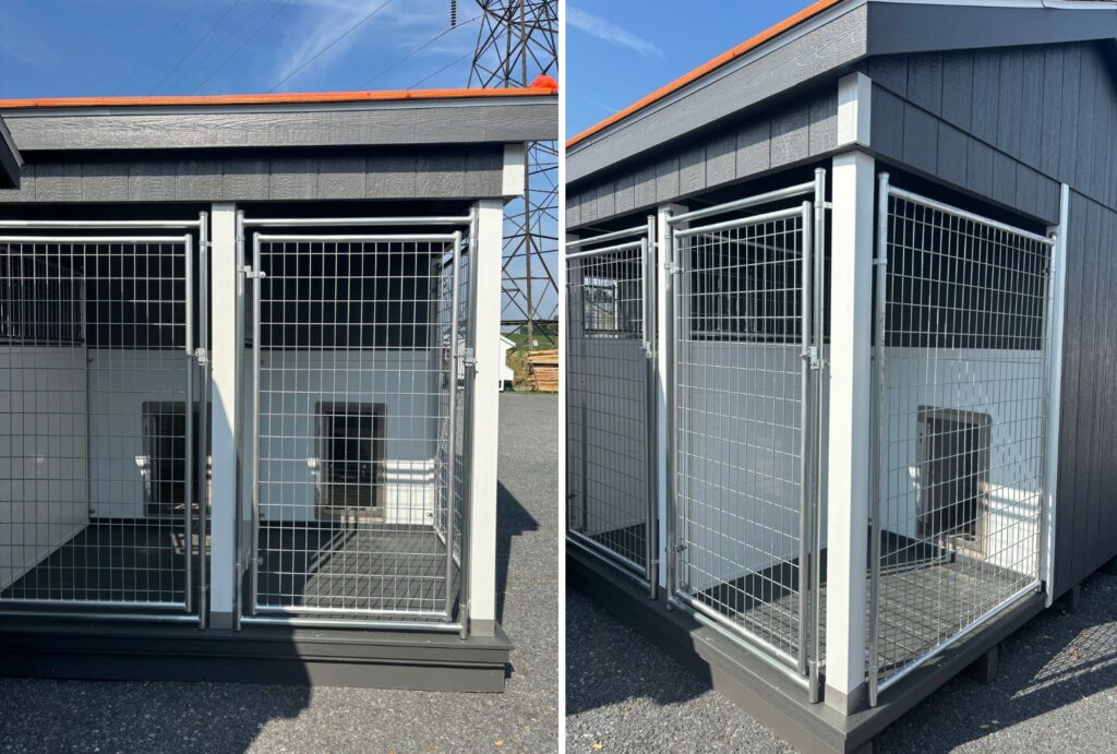 2 side by side photos of the exterior of a gray dog kennel with white trim, an orange roof, 6-gauge 2x4 galvanized run doors, 6-gauge 2x4 galvanized run walls, and 2 dogs run visible.