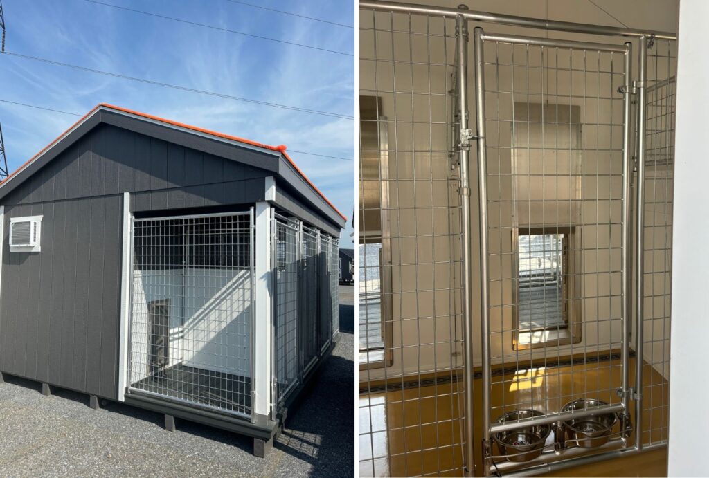 2 side by side photos. The photo on the left shows the left side exterior of a gray dog kennel with white trim, an orange roof, a white mounted air-conditioning unit, and 4 dog runs with 6-gauge 2x4 galvanized walls and doors. The photo on the right shows the interior of the dog kennel showing a dog box with a set of stainless food and water bowls, a guillotine dog door, and 6-gauge 2x4 walls and door.