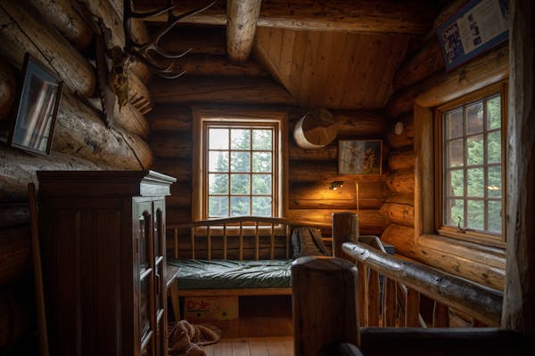 interior of a hunting cabin with logs as the walls, a daybed, cabinet, and decor on the walls