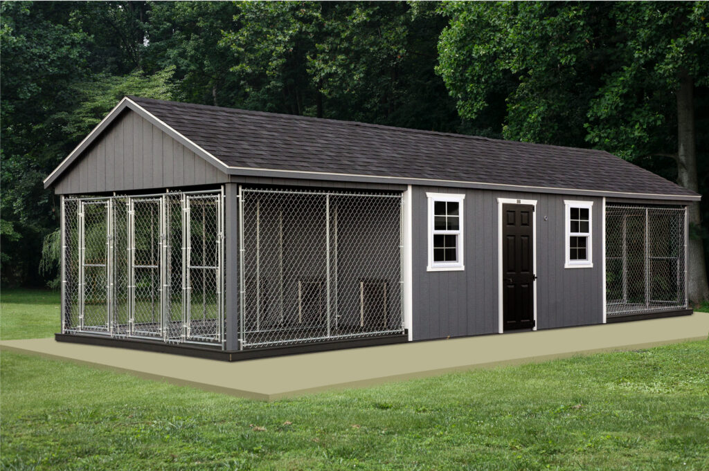 12x36 dog kennel with dark gray siding, white trim, 2 white windows, a black single-entry door, a dark asphalt roof, and 3 dog boxes on both ends.