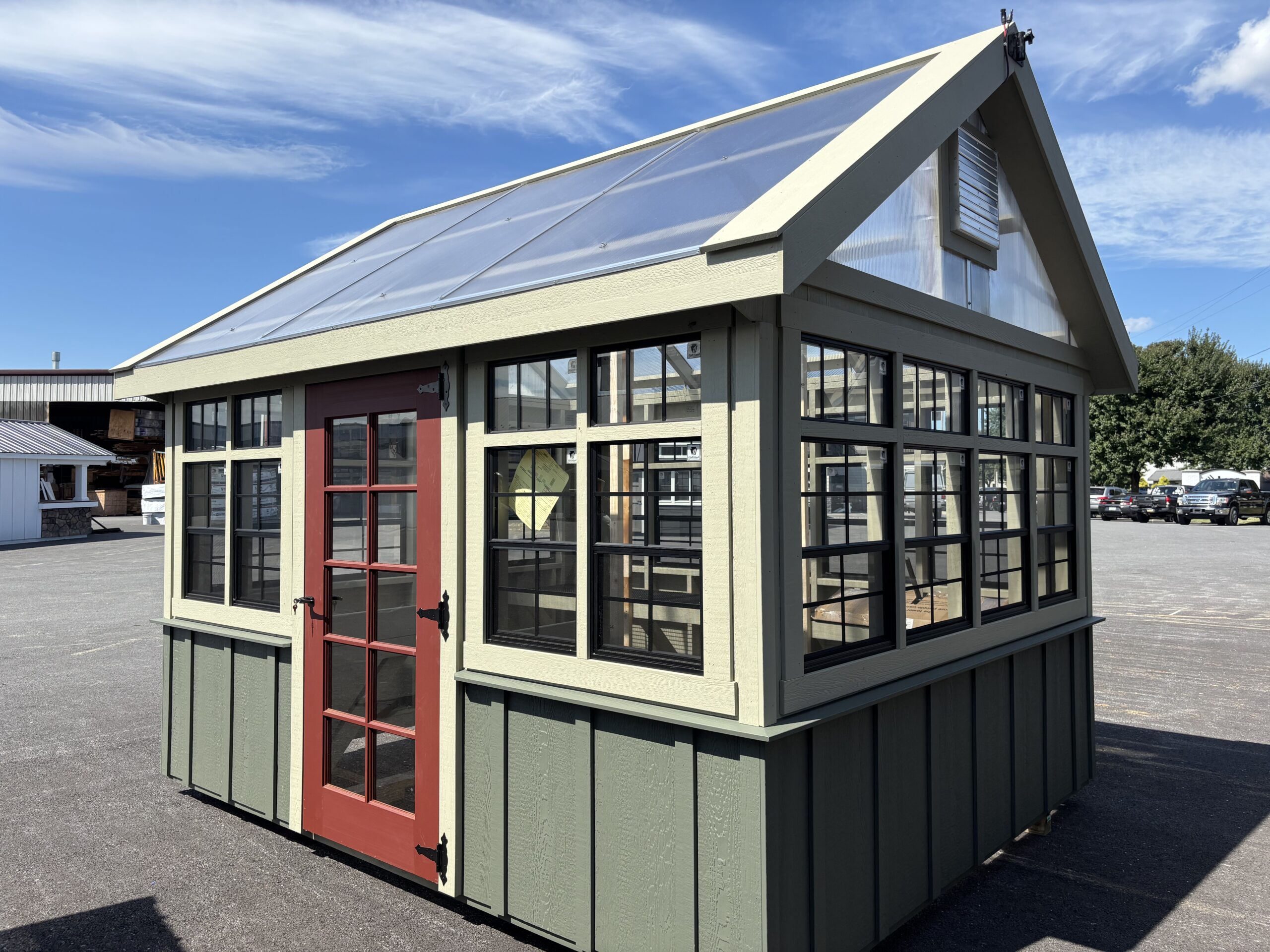 exterior front view of atrium greenhouse