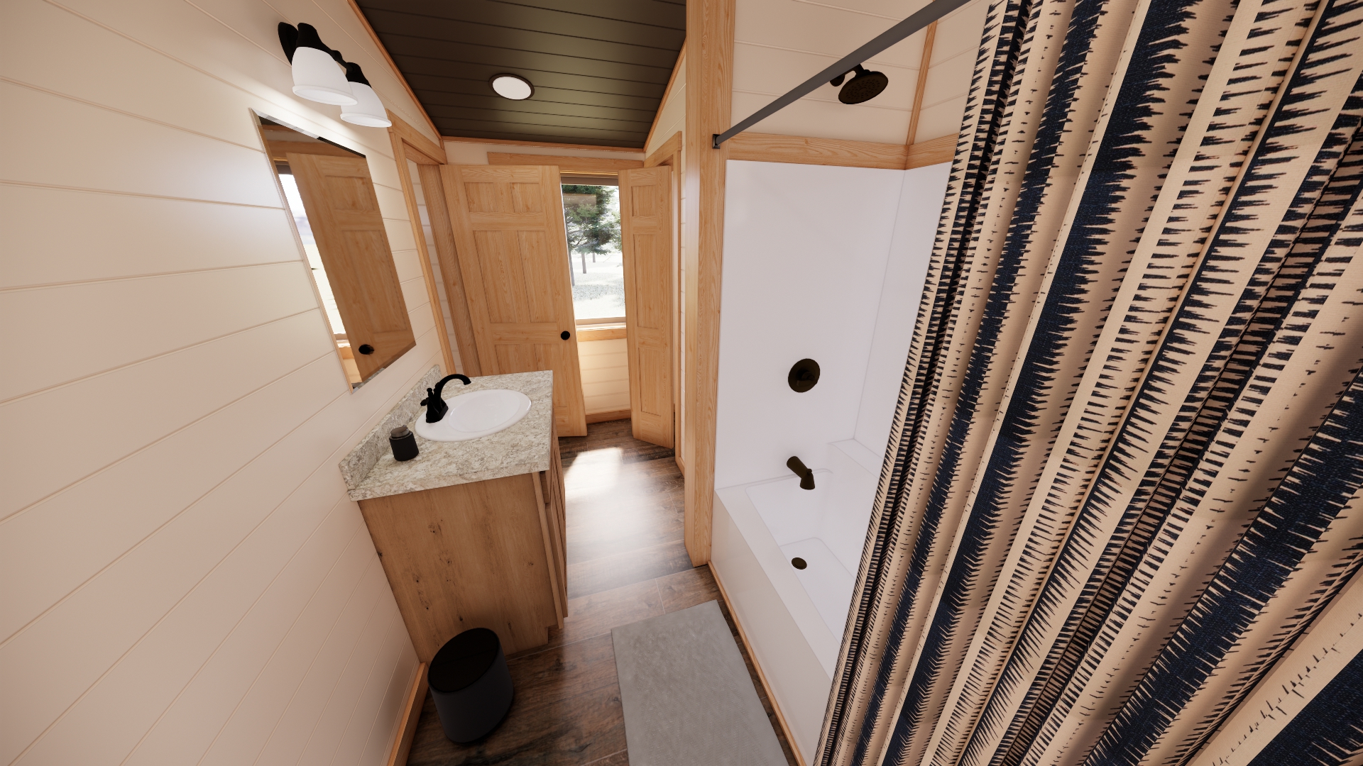 bathroom with sink and shower with a striped shower curtain
