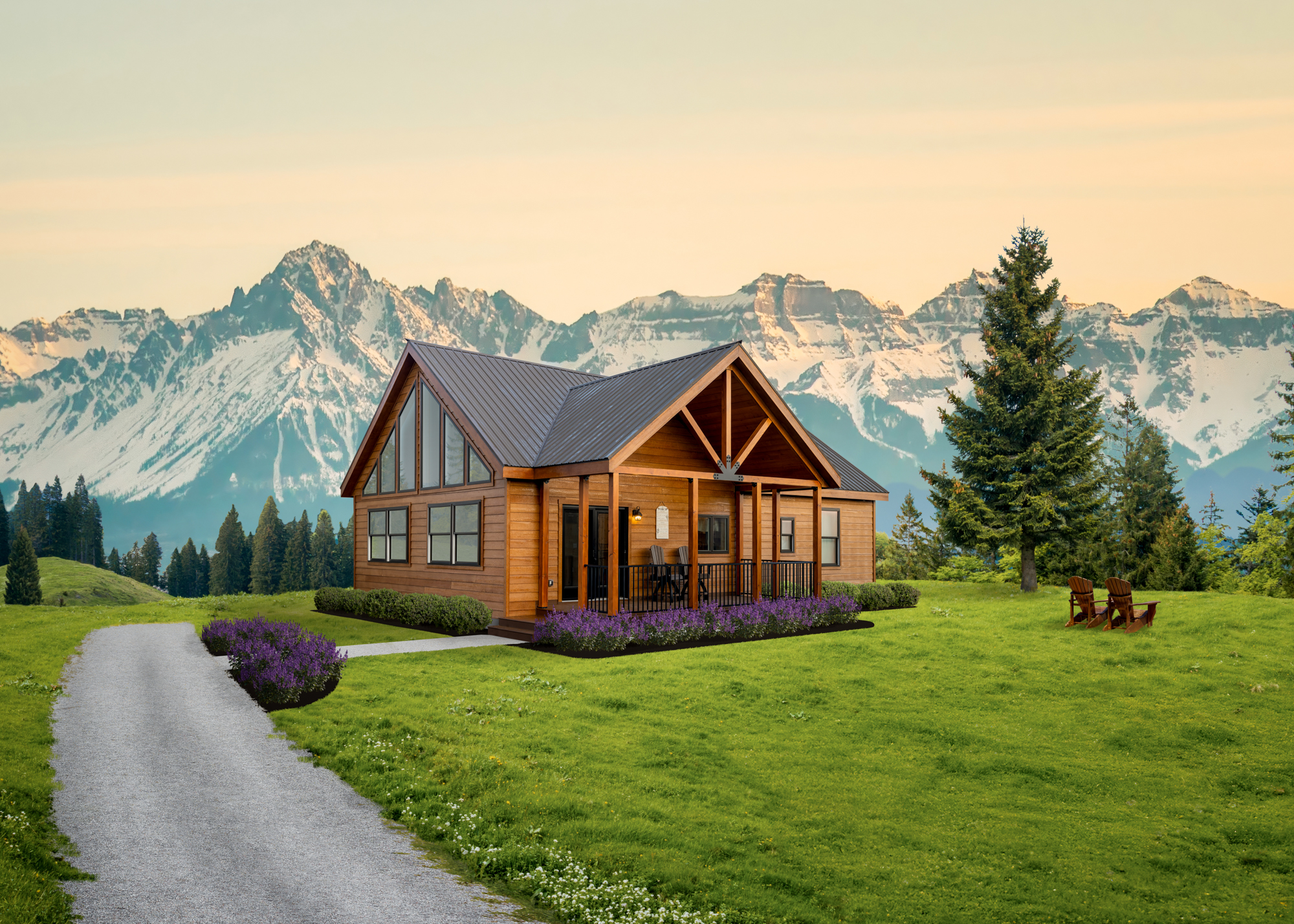 cedar ridge cabin with front porch and large windows