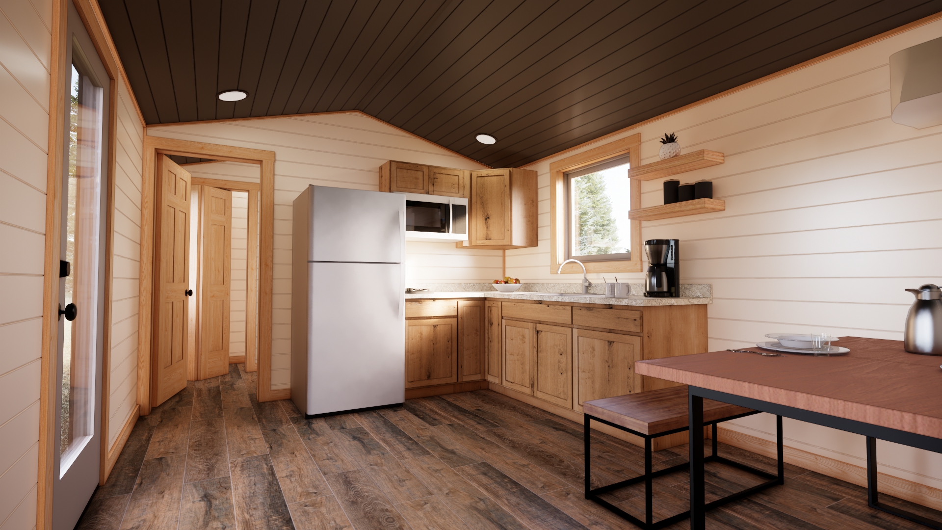 kitchen and dining area in cascade park model