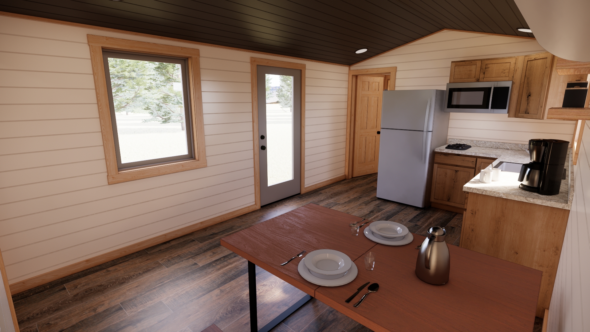 front door leading to kitchen and living space