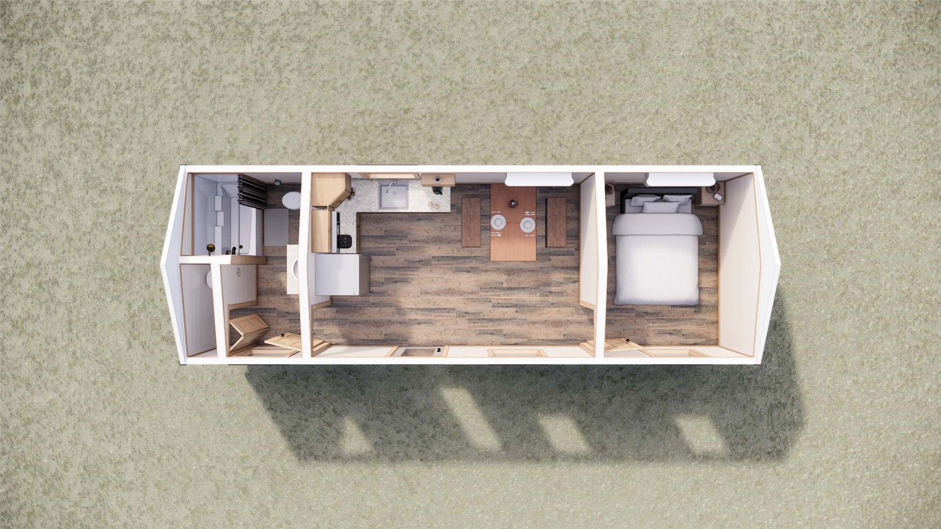 digital view of interior of cascade park model with living area, kitchen, bathroom, and bedroom