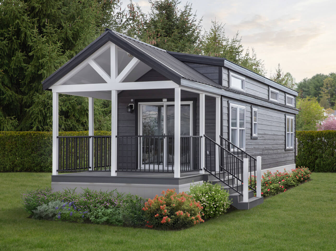 summit view park model exterior - gray siding, covered porch